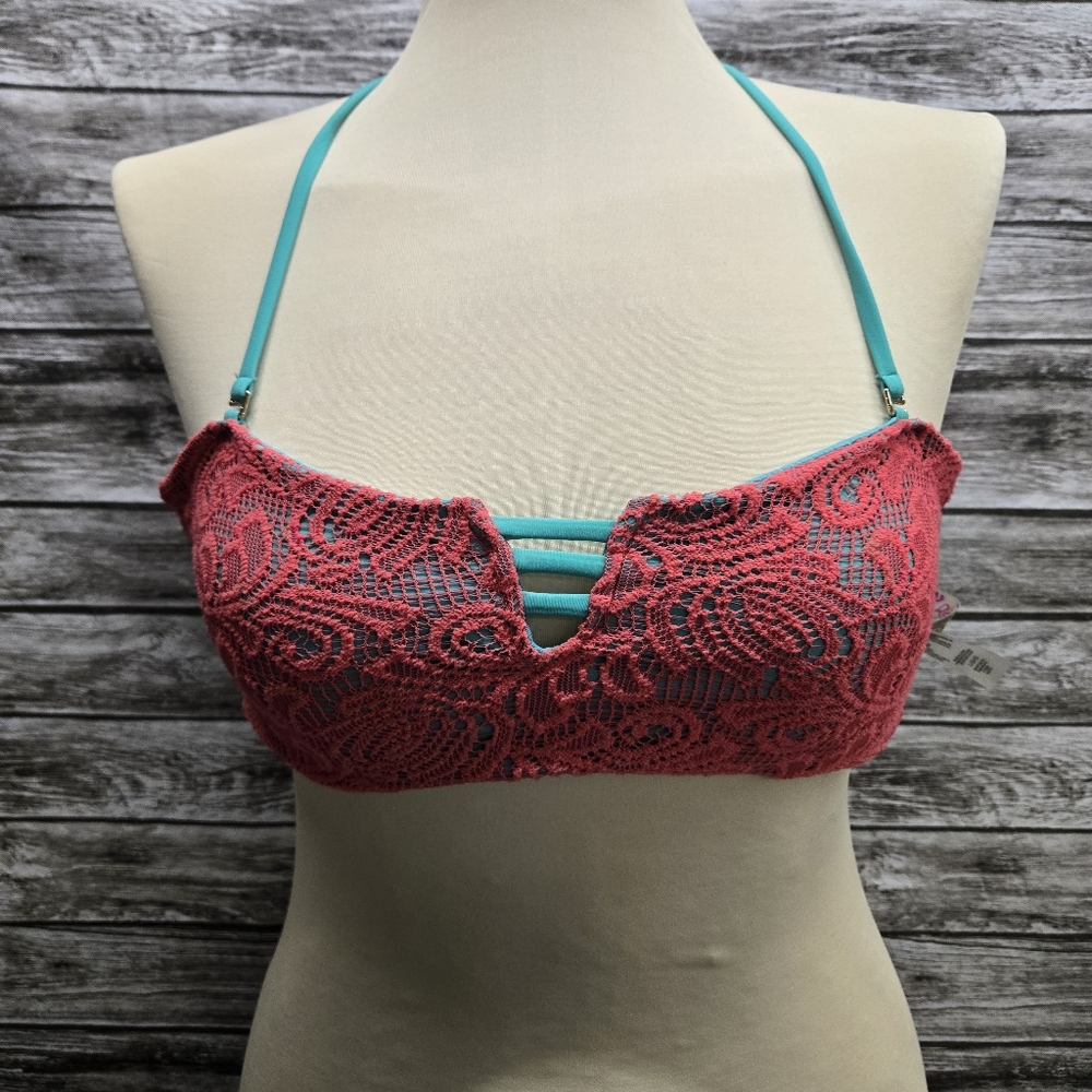 Raisins coral and mint lace crochet bikini top